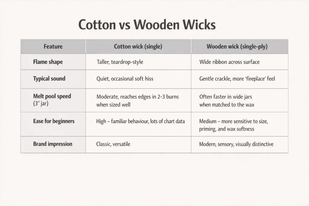 cotton vs wooden wick and burn traits table