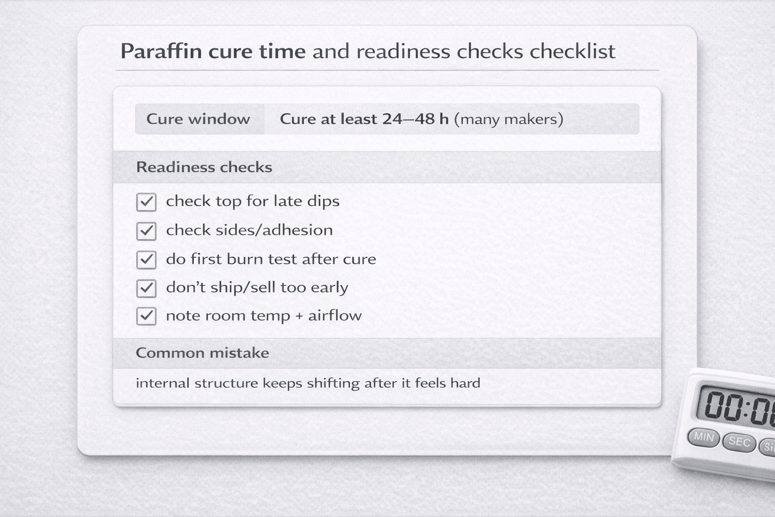 Paraffin Candle + Cure Time + Readiness Checklist Card