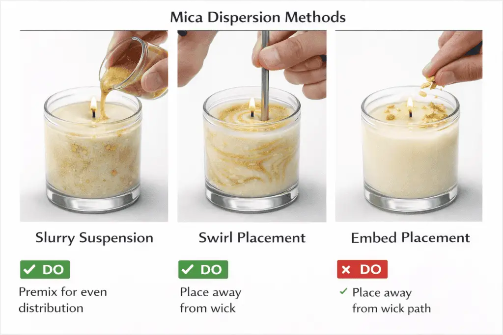 Mica dispersing methods for suspension, swirls, and embeds in wax