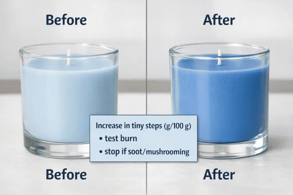 Three candle swatches showing deeper dye-load test steps