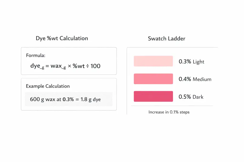 Candle dye & coloring dye percentage %wt calculator and swatch ladder