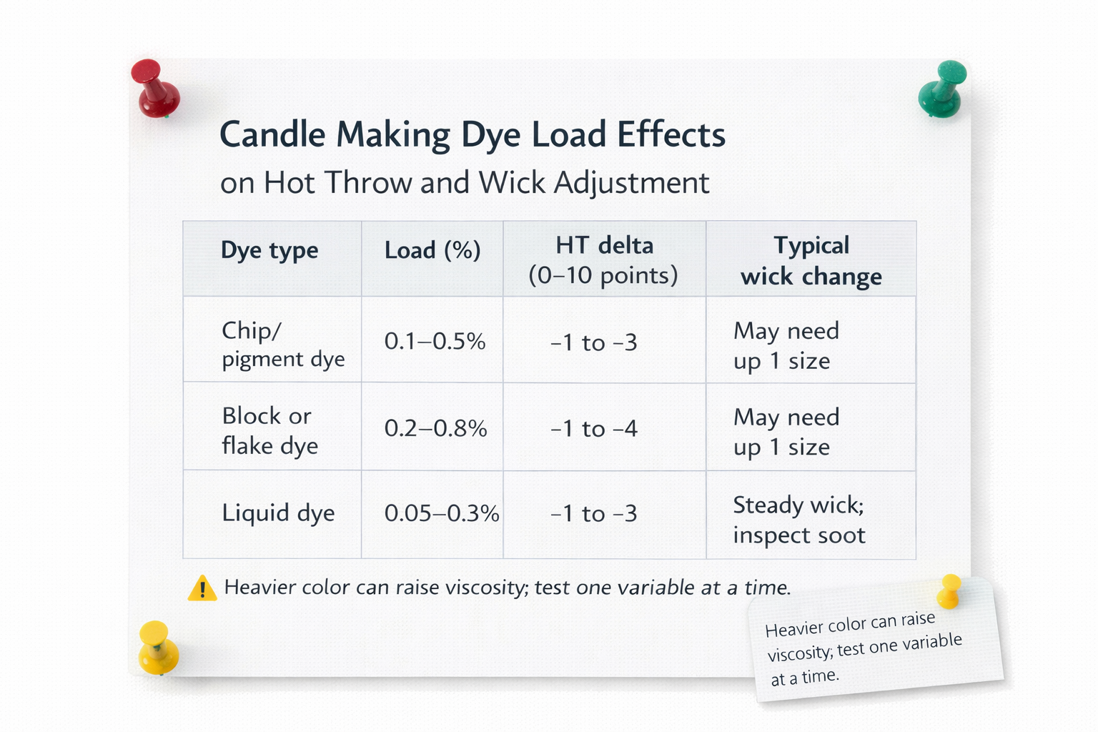 Dye load comparison chart for candle throw and wick adjustment.