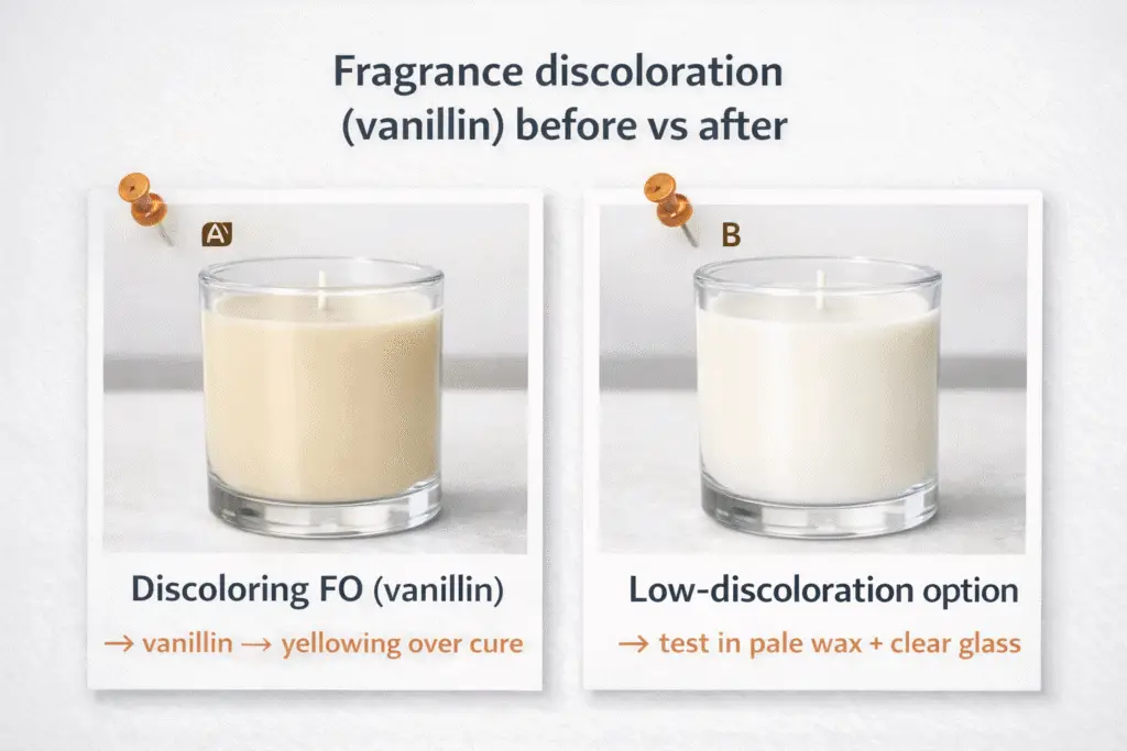 White candle samples before and after fragrance discoloration