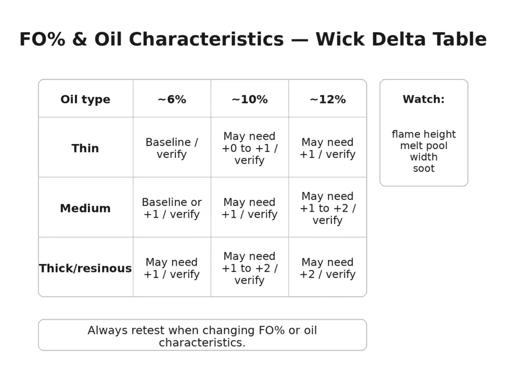 Table showing fragrance load and wick adjustments