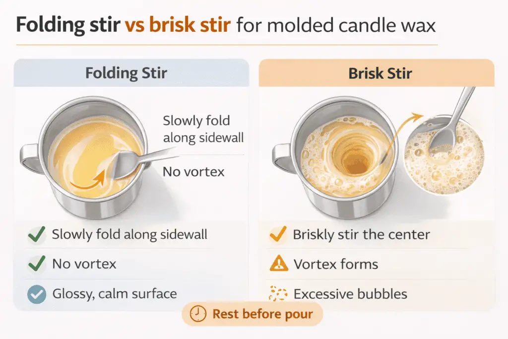 Comparison of folding and brisk stirring techniques for candle mold preparation.