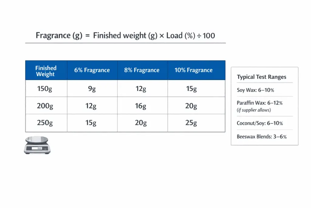 Fragrance load chart for candle weight in grams
