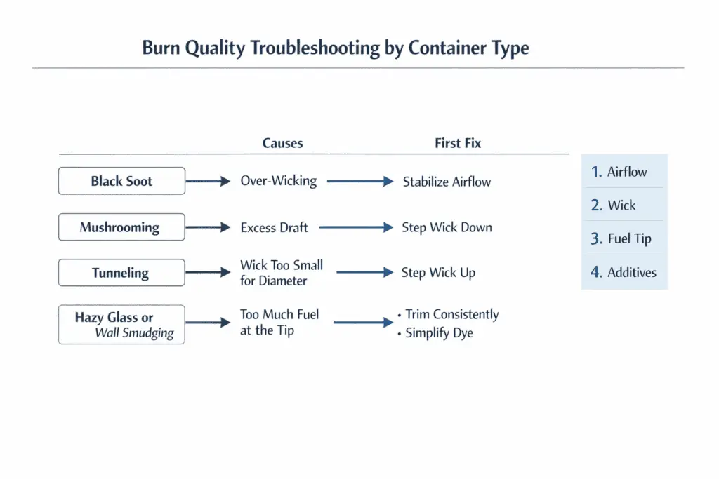 candle soot and tunneling fixes by container type