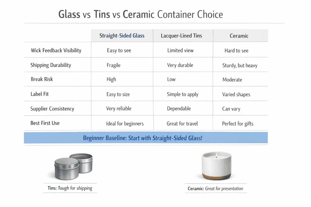 lass and tins and ceramic candle container comparison for wick feedback and shipping