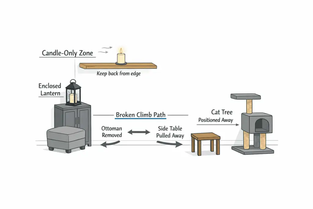 high candle zone and enclosed lantern placement away from climbable furniture