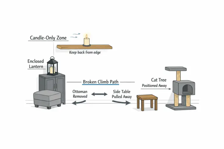 high candle zone and enclosed lantern placement away from climbable furniture