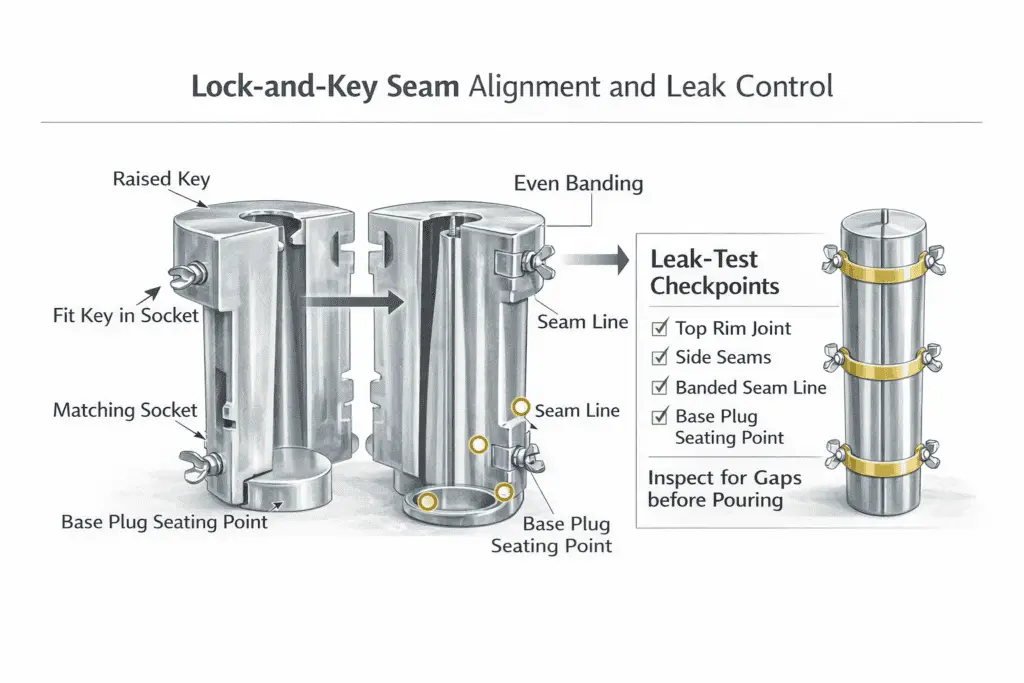 Lock-and-key seam molds + Alignment + Leak control