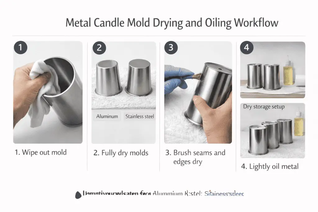 Metal candle mold drying and storage workflow to reduce rust and damage