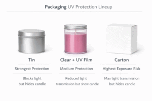 Candle Packaging Lineup — Tin vs Clear+UV Film vs Carton