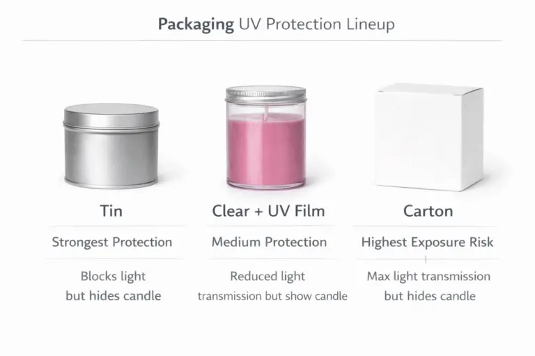 Candle Packaging Lineup — Tin vs Clear+UV Film vs Carton