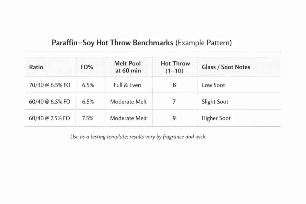 candle making paraffin–soy blend + ratio and FO% benchmark + hot throw and soot check