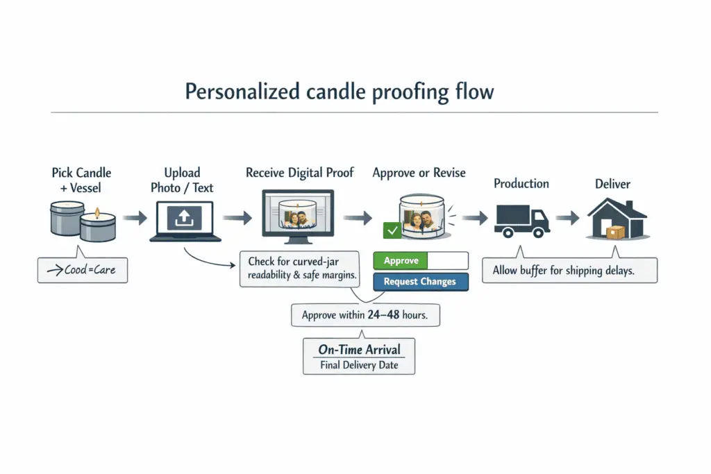 personalized candle proofing and ship-by timeline