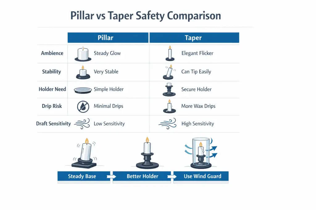 pillar and taper candle stability and drip comparison