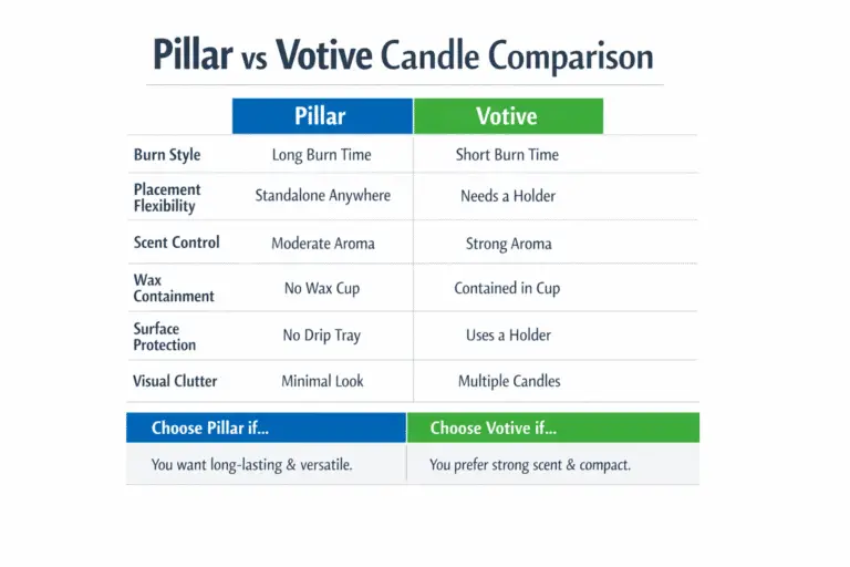 pillar and votive candle comparison for burn time and wax containment