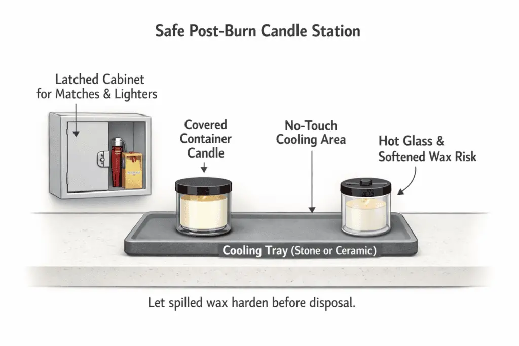 latched lighter storage and candle cooling station setup