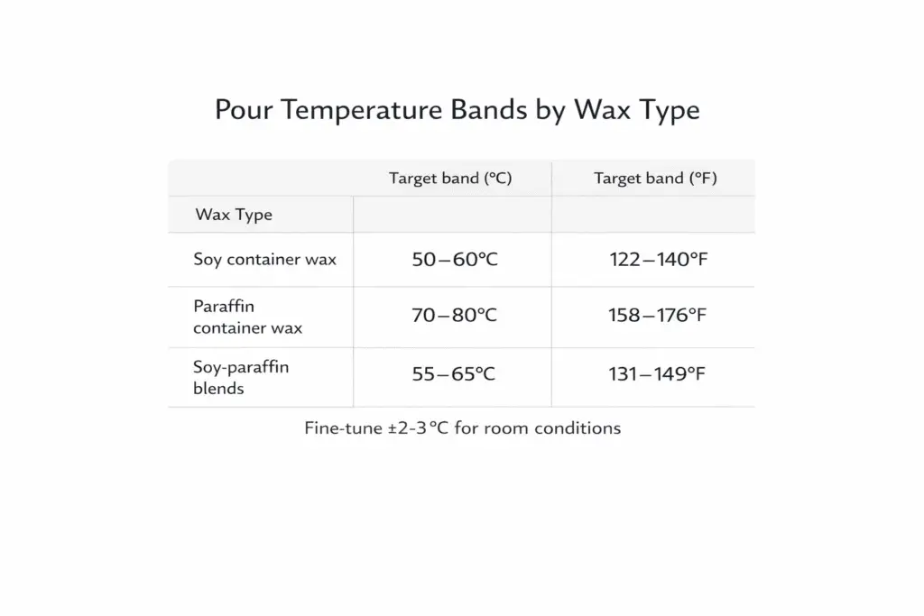 Candle dye & coloring pour temperature °C and °F bands by wax