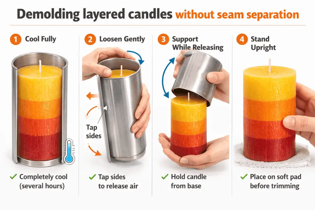 layered candle demolding and base support technique
