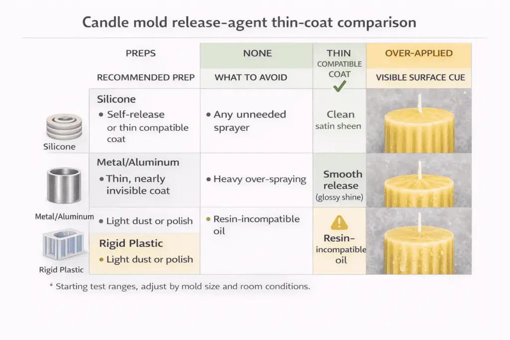 Examples of thin candle mold release application compared with overapplied residue