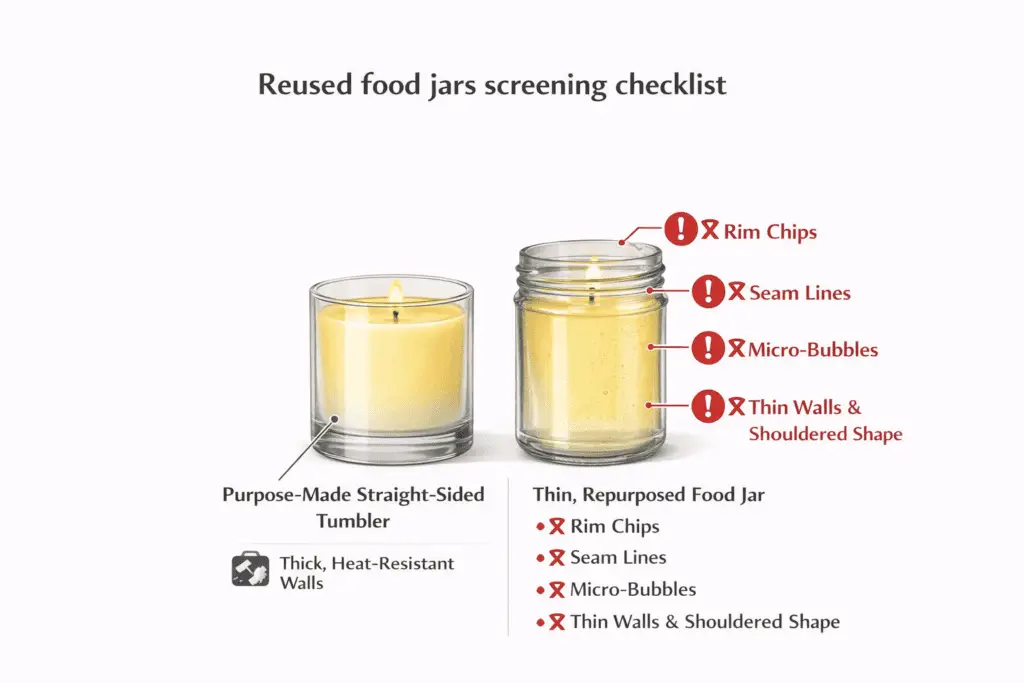 Candle making + Reused food jars + Rim chips and seam screening
