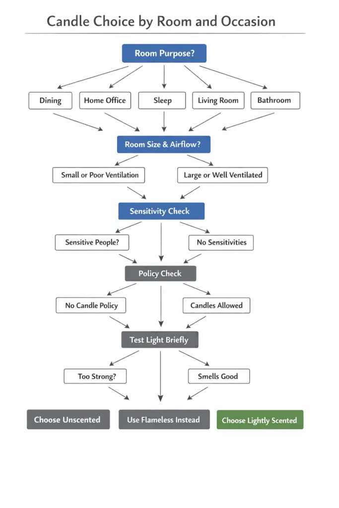 room purpose and airflow decision tree for scented and unscented candles