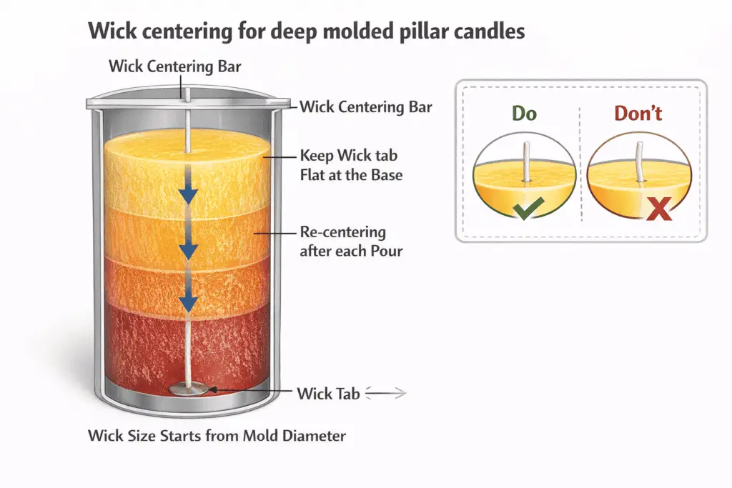 candle making wick selection and centering in deep molds
