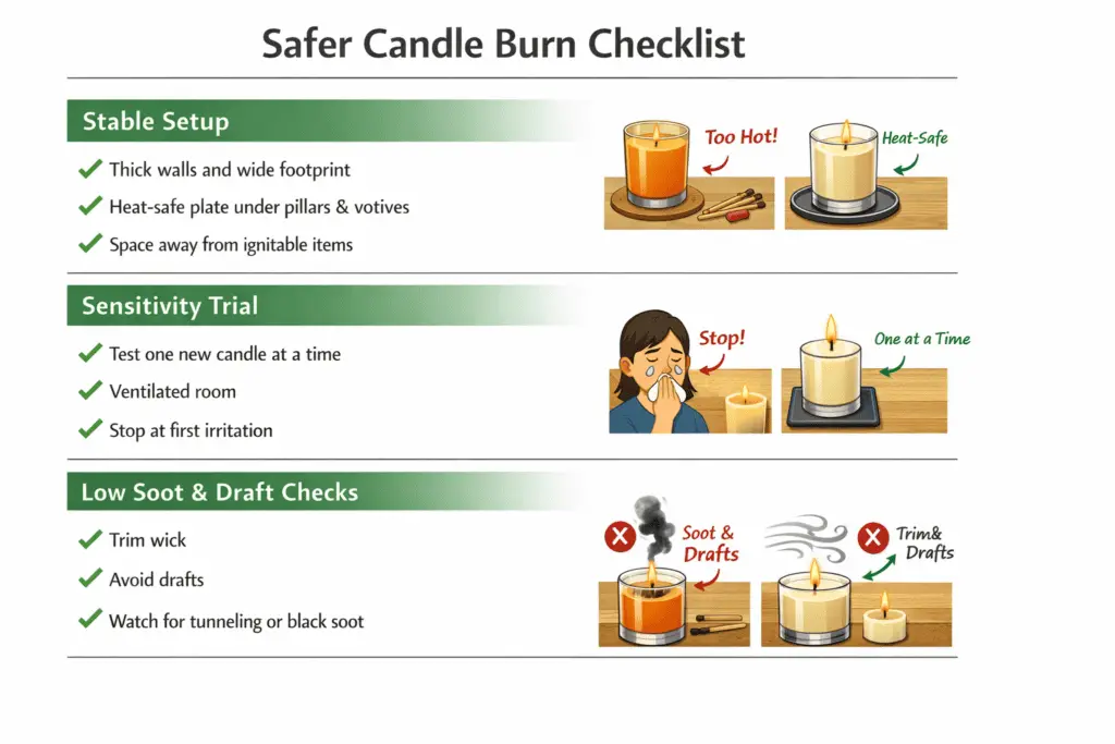 wide base and heat safe holder with sensitivity trial and low soot checks