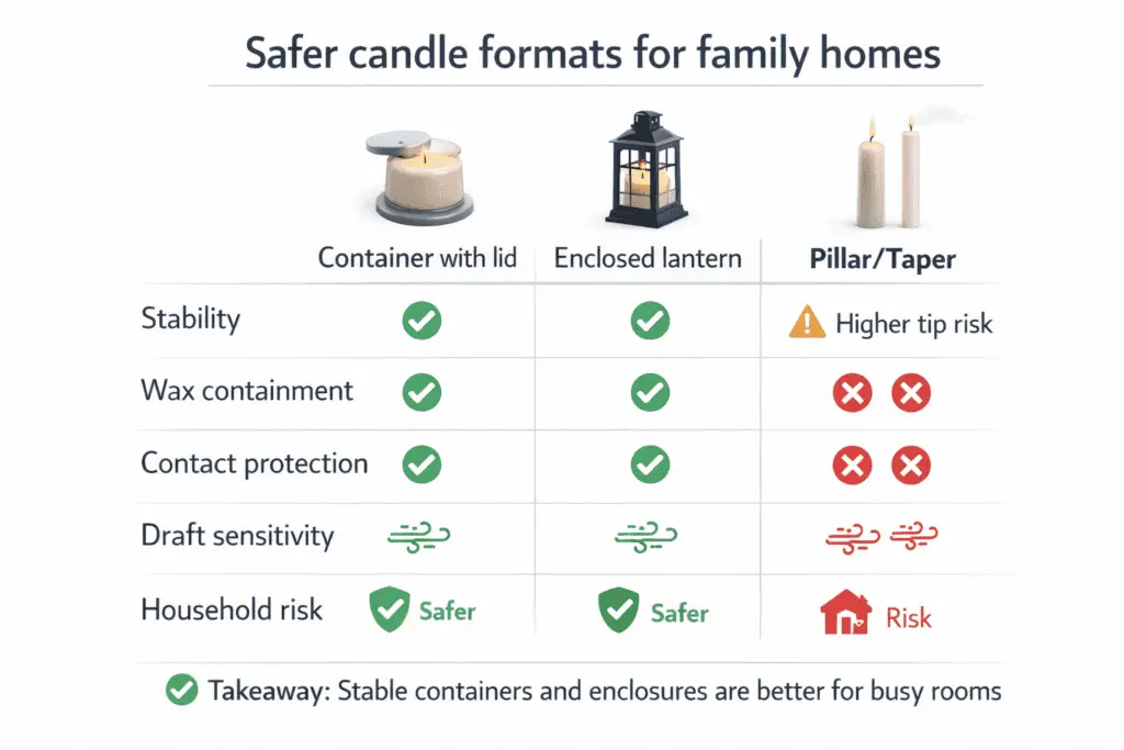 container candle lantern and pillar taper safety comparison
