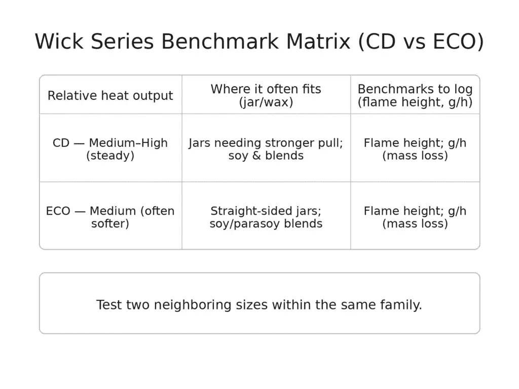 Table comparing wick series heat profiles