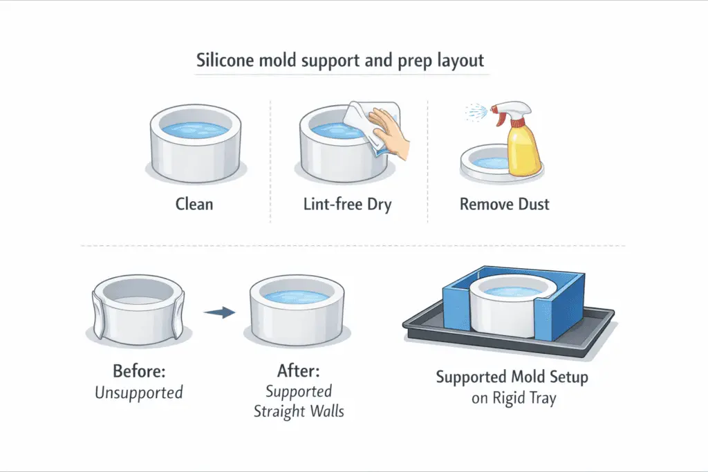 candle making silicone molds and support layout on rigid tray