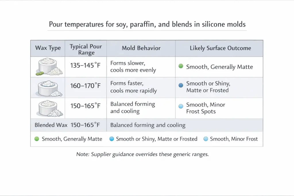 silicone molds and pour temperatures for soy paraffin blends