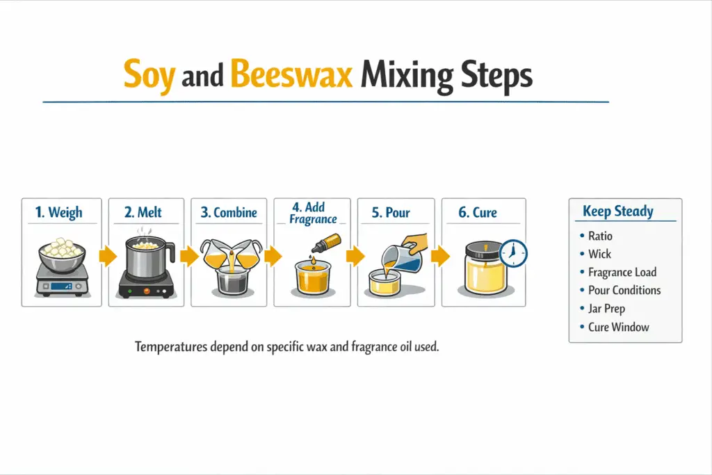soy and beeswax mixing steps with melt pour and cure