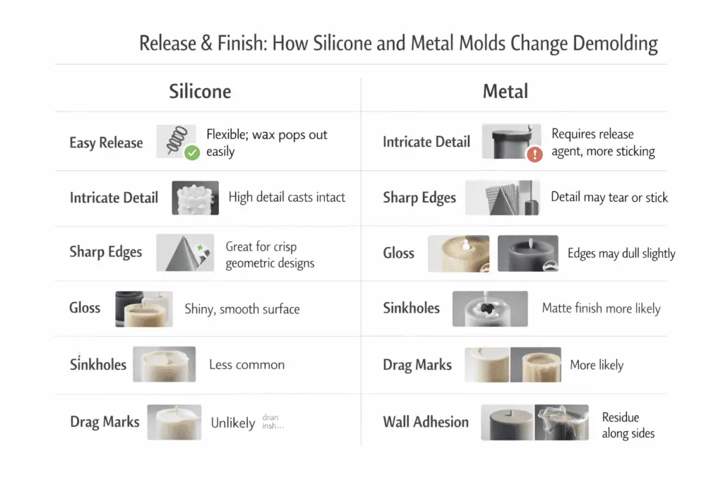 Comparison image showing candle surface finish results from silicone and metal molds