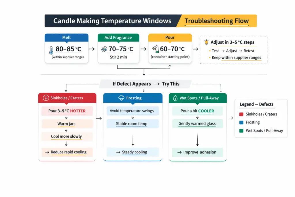 Candle making + temperature windows + troubleshooting flow