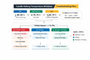 Candle making + temperature windows + troubleshooting flow