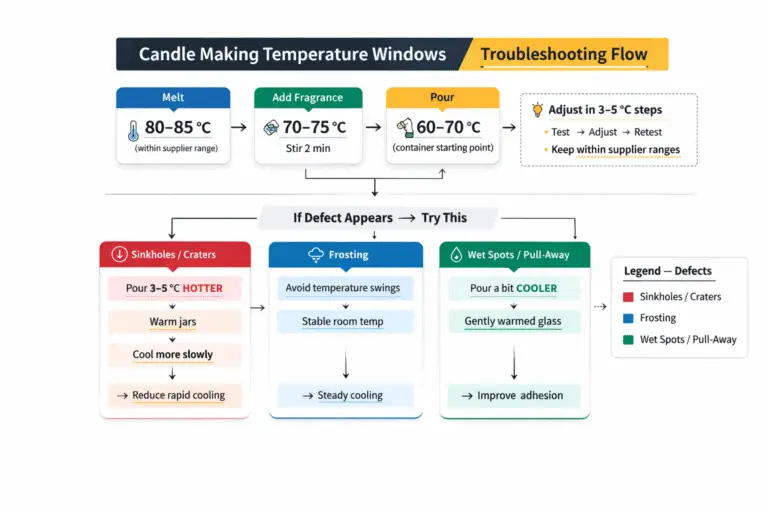 Candle making + temperature windows + troubleshooting flow