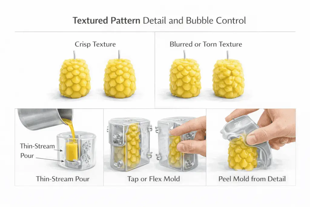 Textured pattern molds + Detail capture + Bubble control