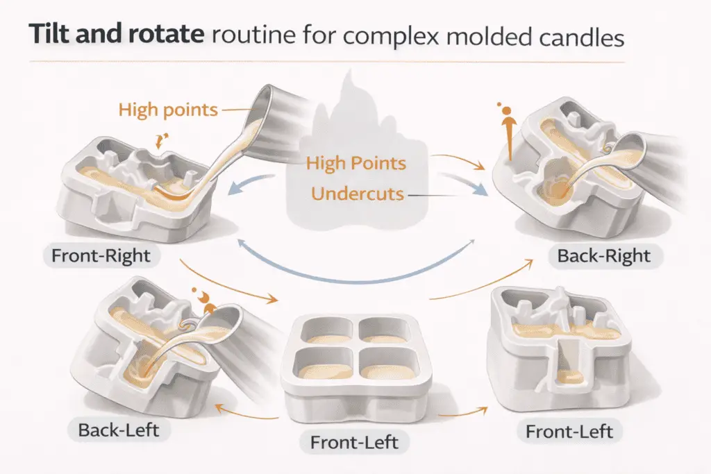 Complex mold + tilt rotation routine + air purge