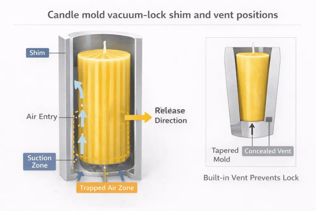 Diagram showing how a thin shim or vent path can break vacuum lock in a rigid candle mold