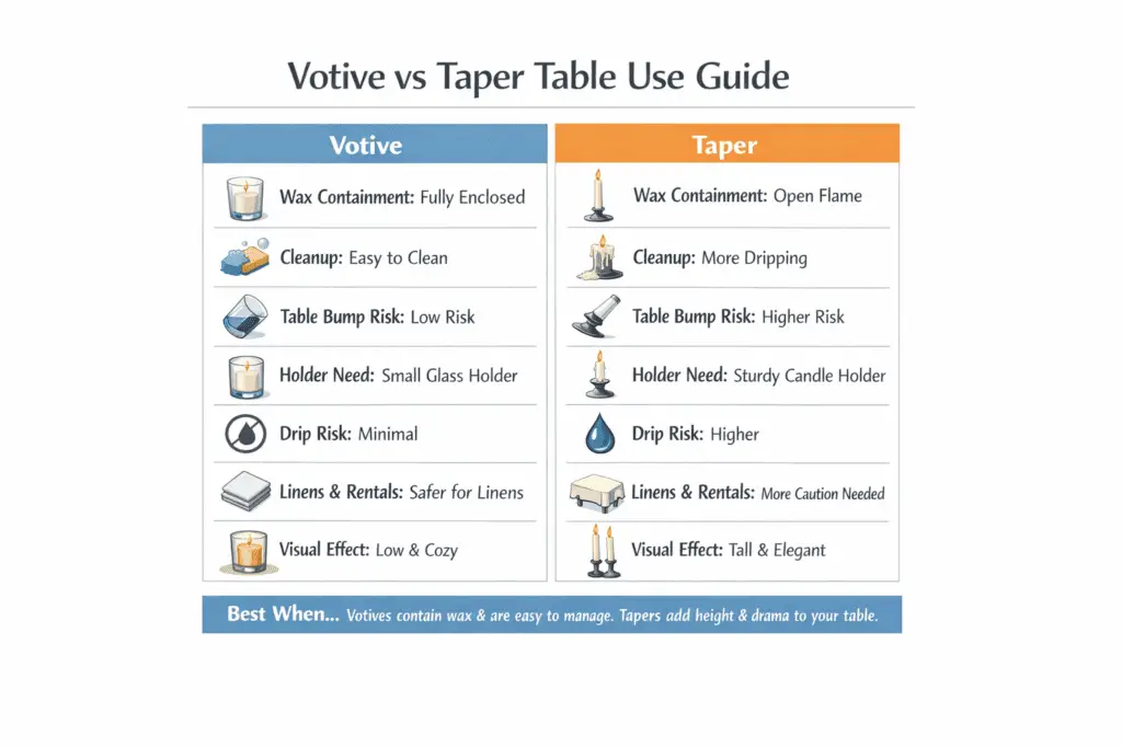 votive and taper candle table use and drip risk guide