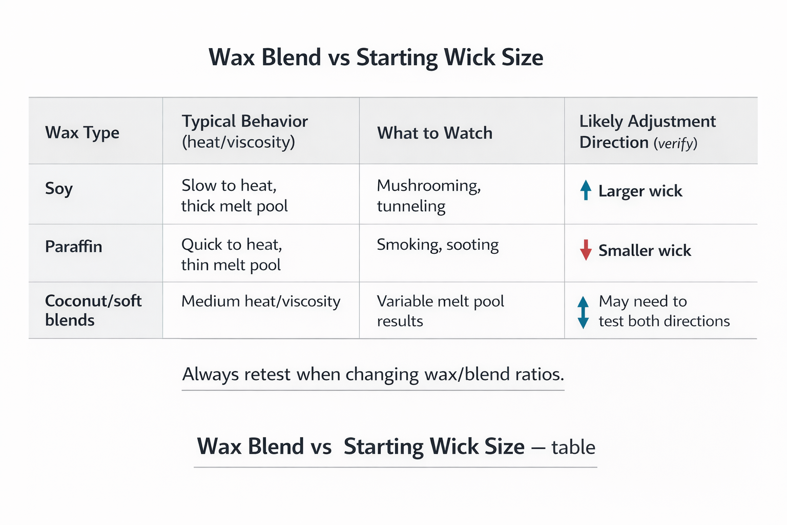 Table comparing wax blends and starting wick direction