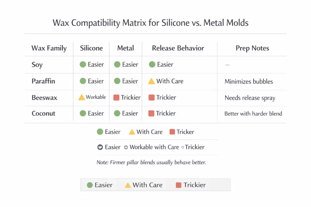 Compatibility overview for common candle waxes in silicone and metal molds