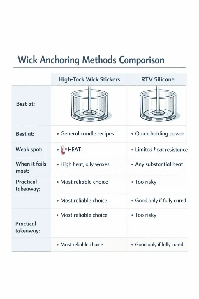 wick stickers and hot glue and RTV silicone anchoring comparison