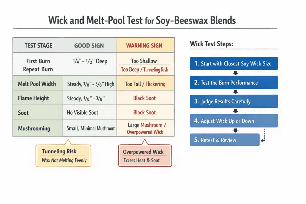 wick and melt-pool test chart for soy-beeswax candles