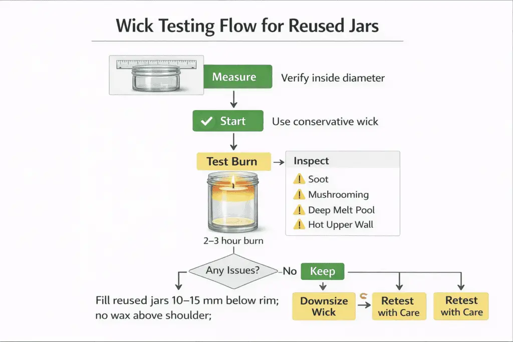 reused jar wick choice and overheating test flow