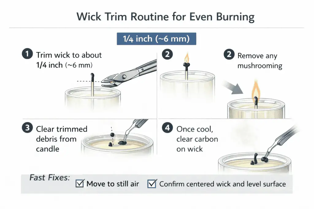 quarter-inch wick trim and debris removal and steady flame routine