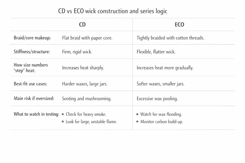 Diagram comparing CD and ECO wick construction and how the two size series scale